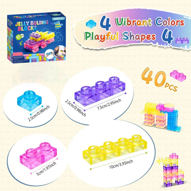 40-Piece Squishy Sensory Blocks | Soft Jelly Building Toy | Stress Relief | Kids Age 3+