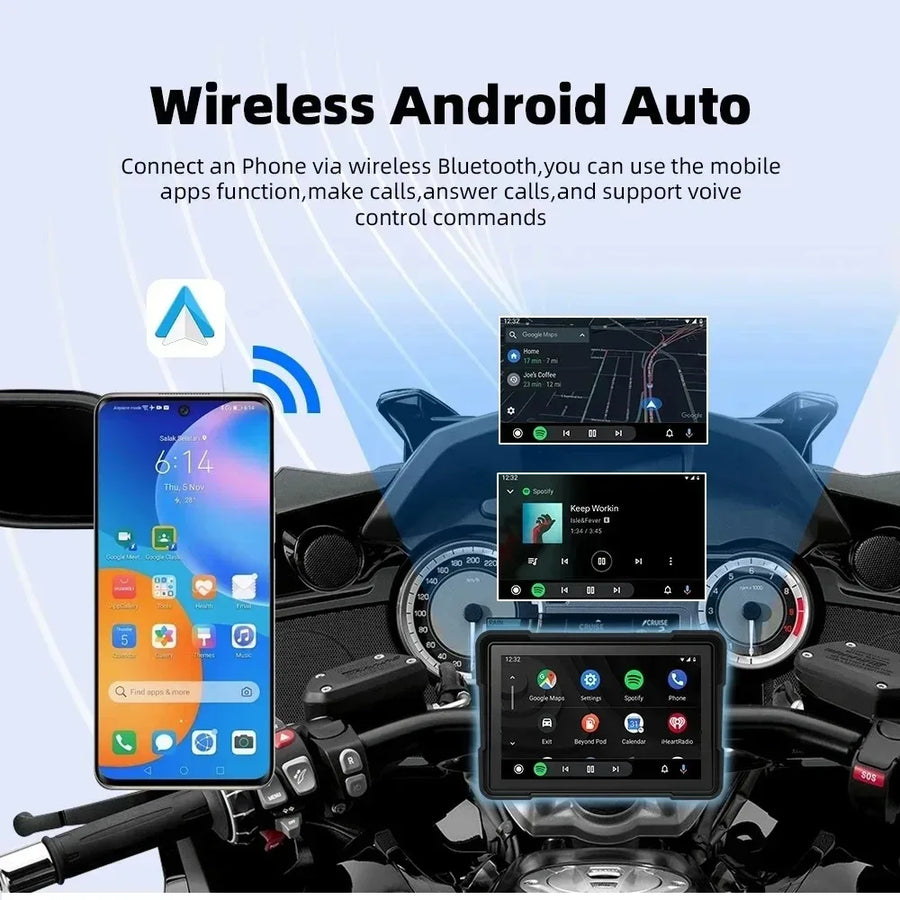 5 Inch Motorcycle Portable GPS Navigation Wireless Carplay Android Auto Display Touch Screen IP67 Waterproof Multimedia Player