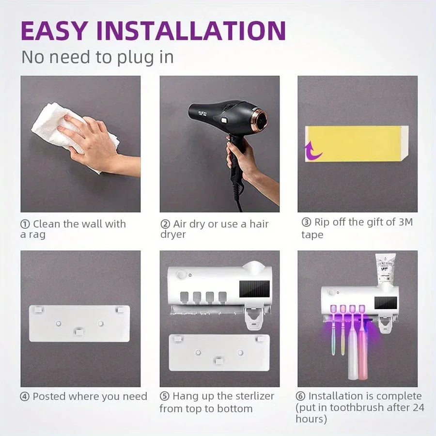 3-in-1 UV Toothbrush Sanitizer Holder | Toothpaste Dispenser | Wall-Mounted No-Drill