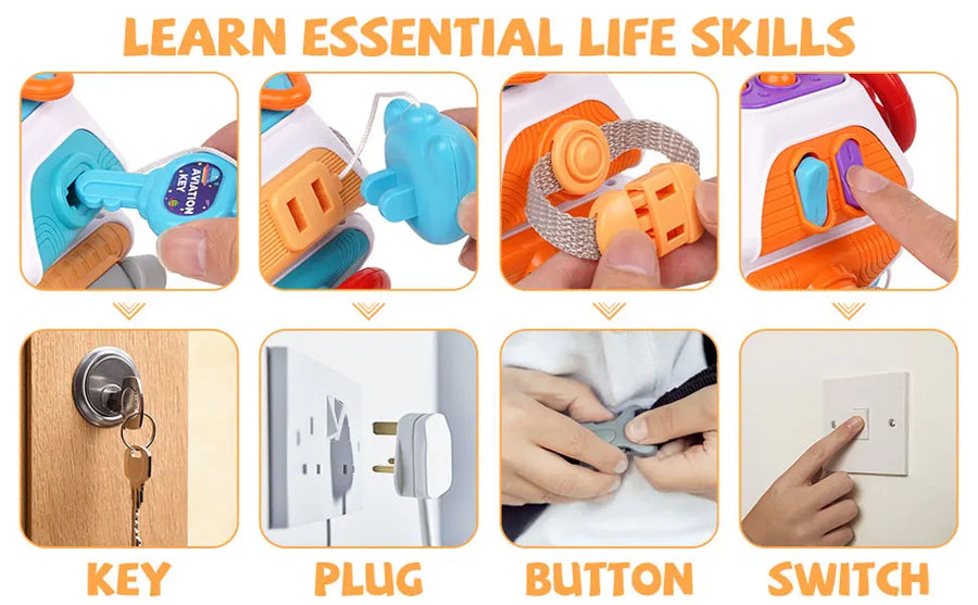 Baby Busy Board Cube Montessori Sensory Toys for Toddler Educational Learning Activities Travel Toy Lock Box Fine Motor Skill