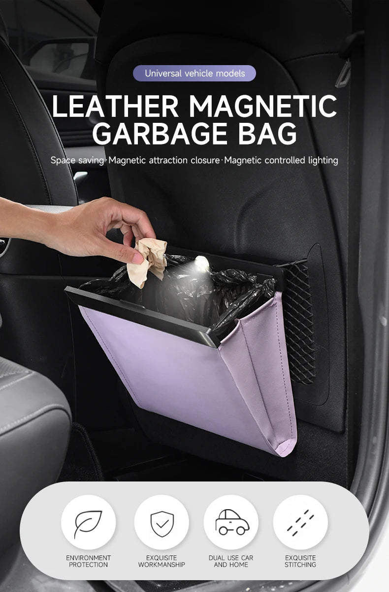 LED Hanging Magnetic Garbage Bag With Light, Waterproof PU Leather Storage Bag for Car Rear Seats, Leak-Proof Car Parts