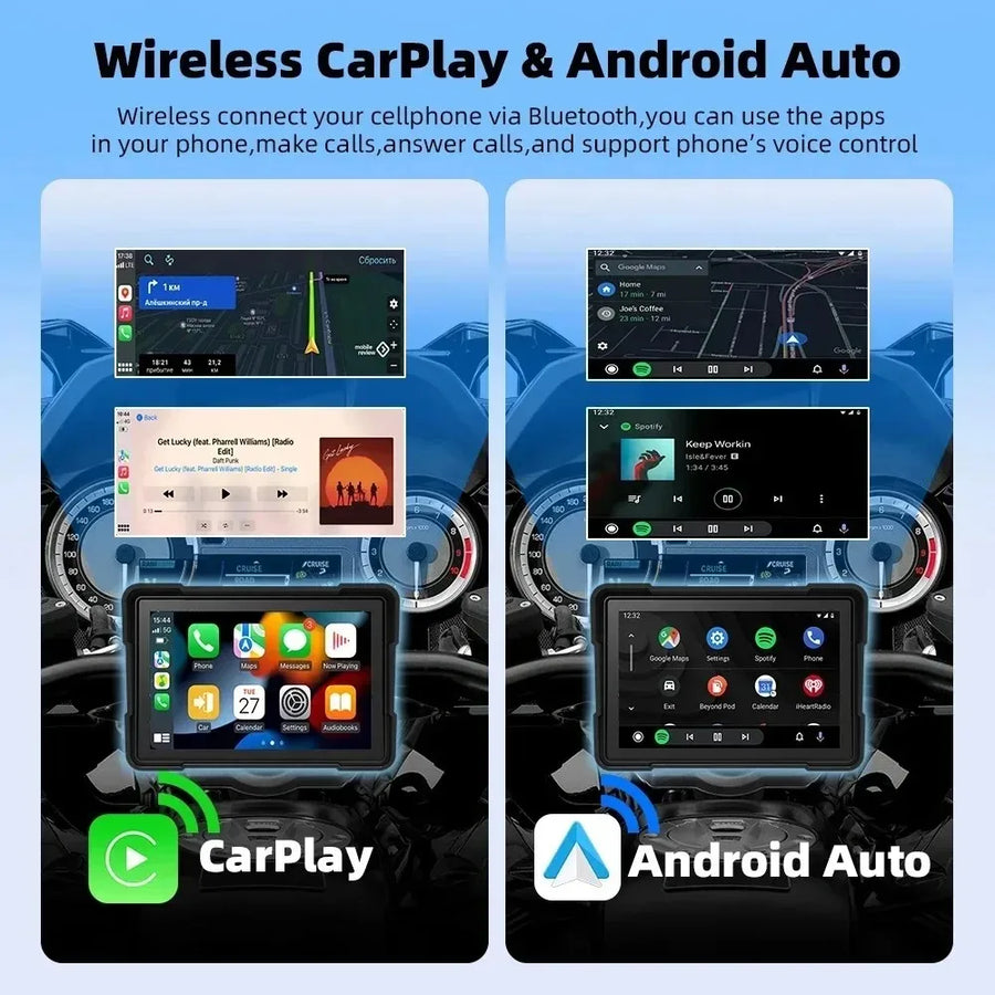 5 Inch Motorcycle Portable GPS Navigation Wireless Carplay Android Auto Display Touch Screen IP67 Waterproof Multimedia Player