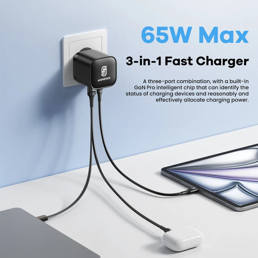 65W GaN Fast Charger | 3-Port USB-C | Retractable Cable | For MacBook, iPhone & Laptop