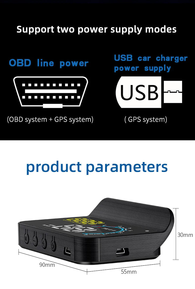 Car Head Up Display OBD + GPS HUD Display Digital GPS Speedometer Water Temp Voltage Fuel Tachometer Speed Alarm Electronic Part