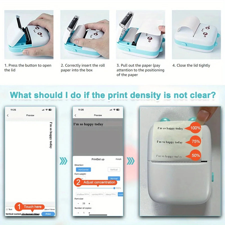 58mm Mini Portable Thermal Printer | Wireless Bluetooth | Photos, Labels & QR Codes | 200DPI | Pink & Blue