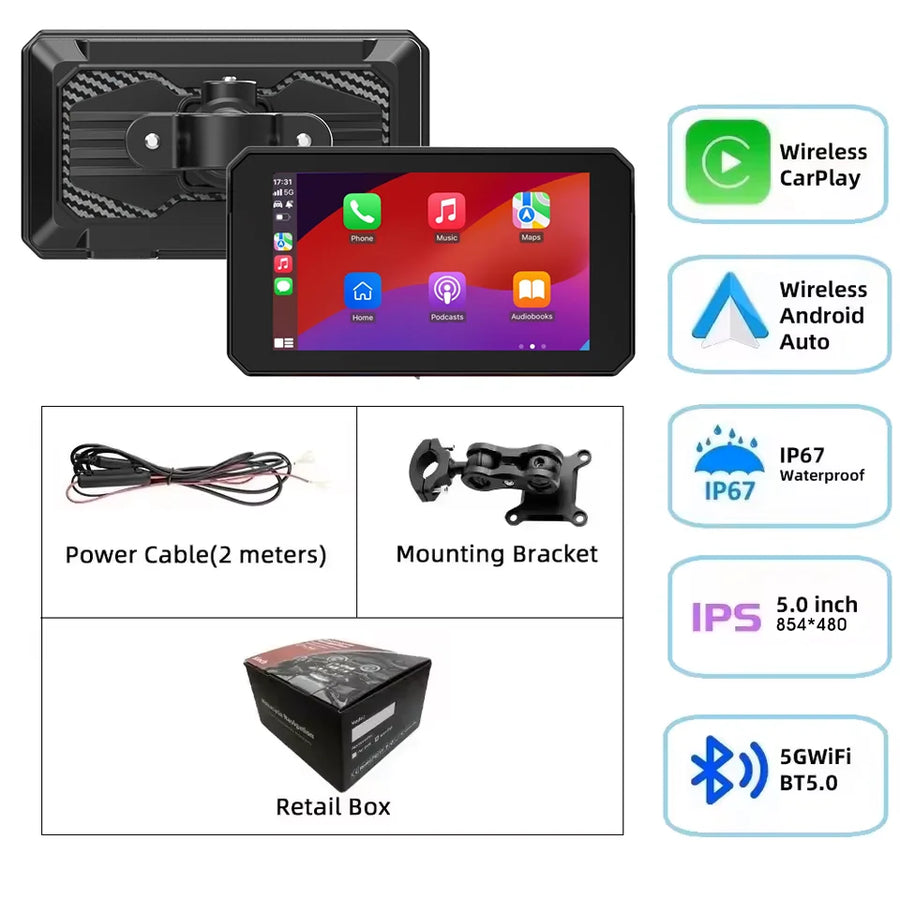 5 Inch Motorcycle Portable GPS Navigation Wireless Carplay Android Auto Display Touch Screen IP67 Waterproof Multimedia Player