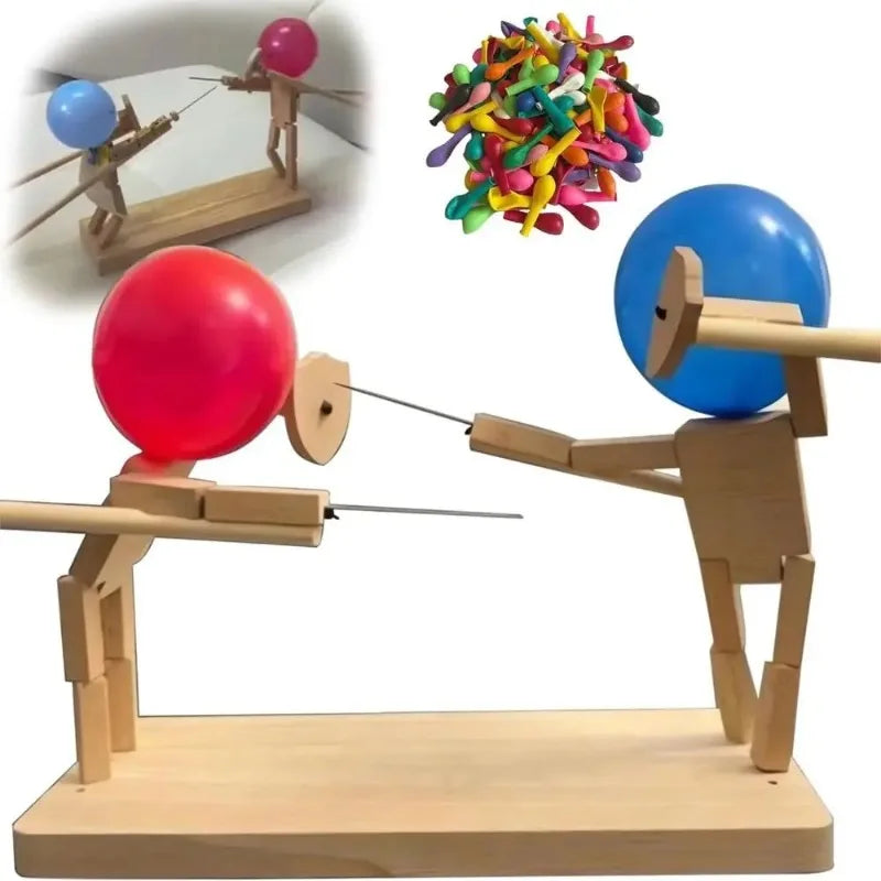 Balloon Bamboo Man Battle Handmade Wooden Fencing Puppets Wooden Bots Battle Game Two-Player Fast-Paced Balloon Battle Game