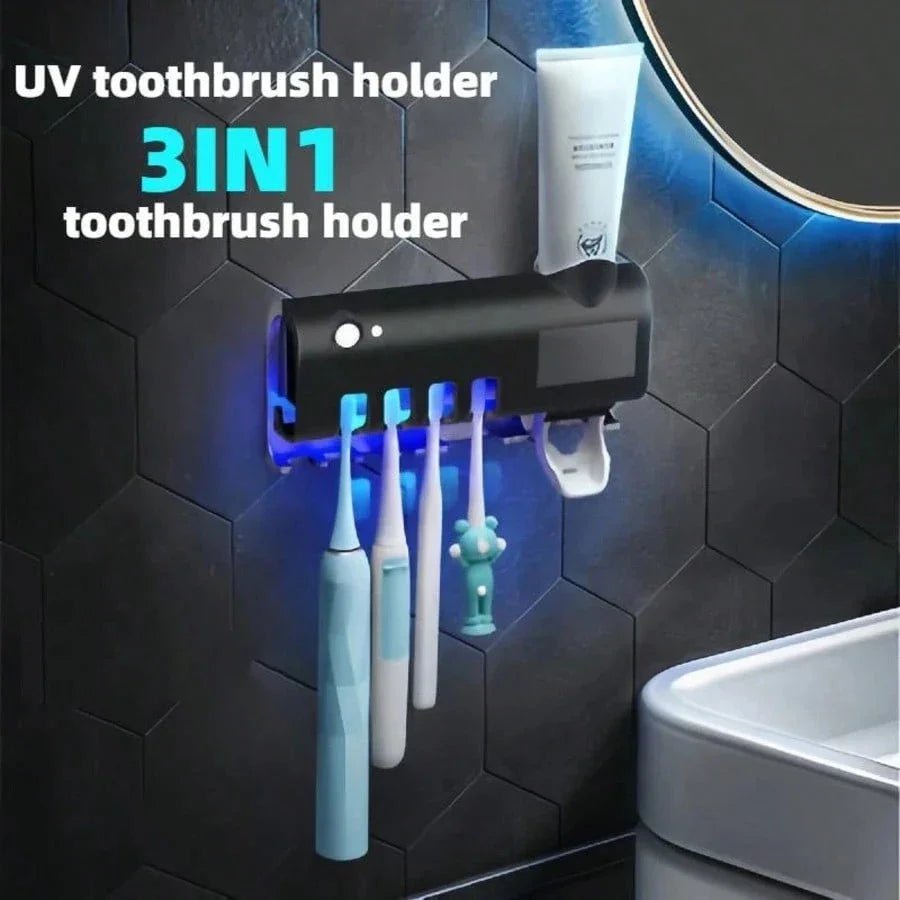 3-in-1 UV Toothbrush Sanitizer Holder | Toothpaste Dispenser | Wall-Mounted No-Drill