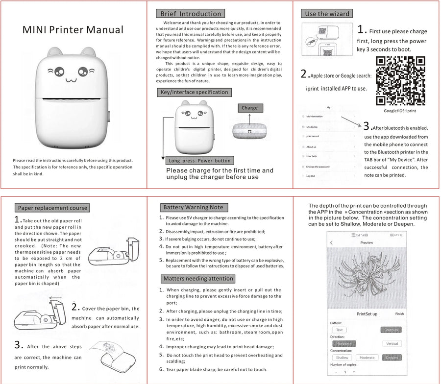58mm Mini Portable Thermal Printer | Wireless Bluetooth | Photos, Labels & QR Codes | 200DPI | Pink & Blue