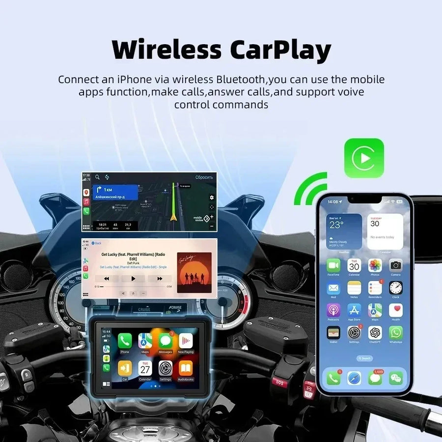5 Inch Motorcycle Portable GPS Navigation Wireless Carplay Android Auto Display Touch Screen IP67 Waterproof Multimedia Player