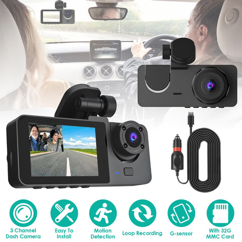 3-Channel Dash Cam front inside and rear view