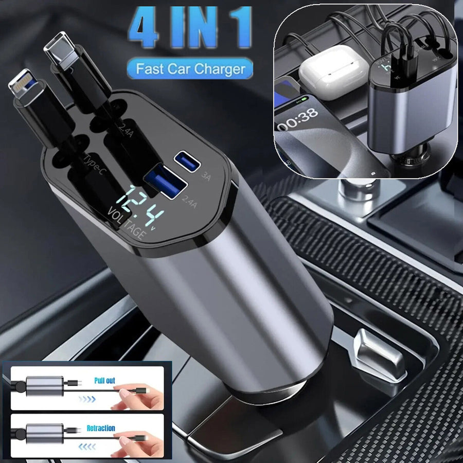 4-in-1 Retractable Car Charger with dual Type-C cables