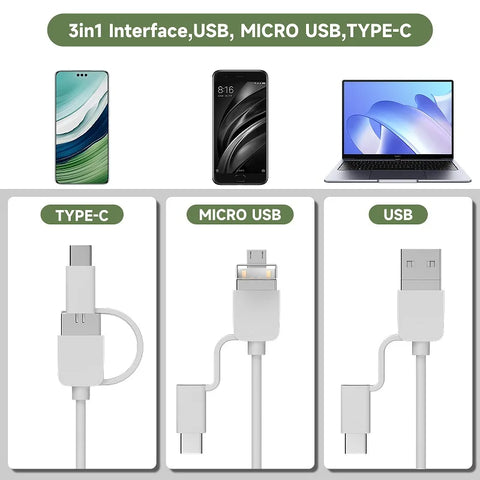 3-in-1 USB Endoscope Camera | Type-C Snake Camera | 8 LED Lights | For Android & PC