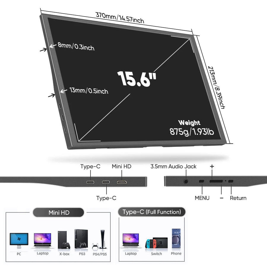 15.6-Inch Portable Monitor | HD 1366x768 | For Laptop, Xbox, PS4/5 & Switch