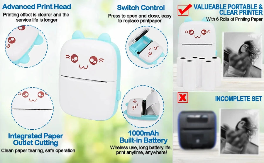 58mm Mini Portable Thermal Printer | Wireless Bluetooth | Photos, Labels & QR Codes | 200DPI | Pink & Blue