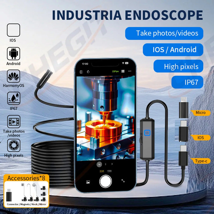 HD Endoscope Inspection Camera | IP67 Waterproof | 8 LED | Type-C & iOS | Car Sewer Pipeline Borescope