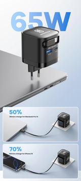 65W GaN Fast Charger | 3-Port USB-C | Retractable Cable | For MacBook, iPhone & Laptop