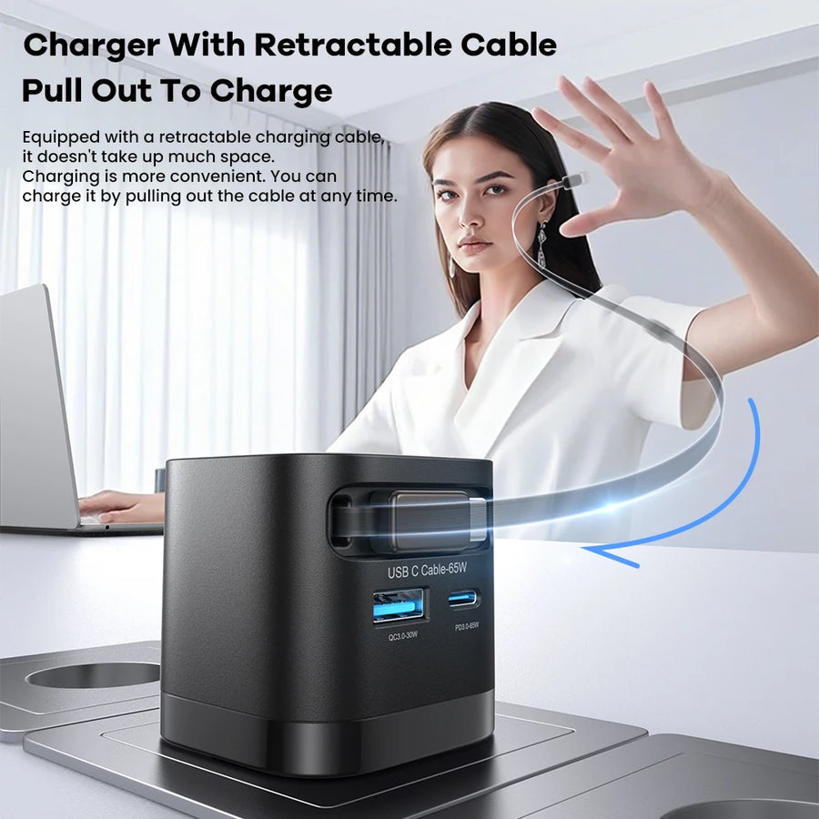 65W GaN Fast Charger | 3-Port USB-C | Retractable Cable | For MacBook, iPhone & Laptop