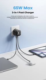 65W GaN Fast Charger | 3-Port USB-C | Retractable Cable | For MacBook, iPhone & Laptop
