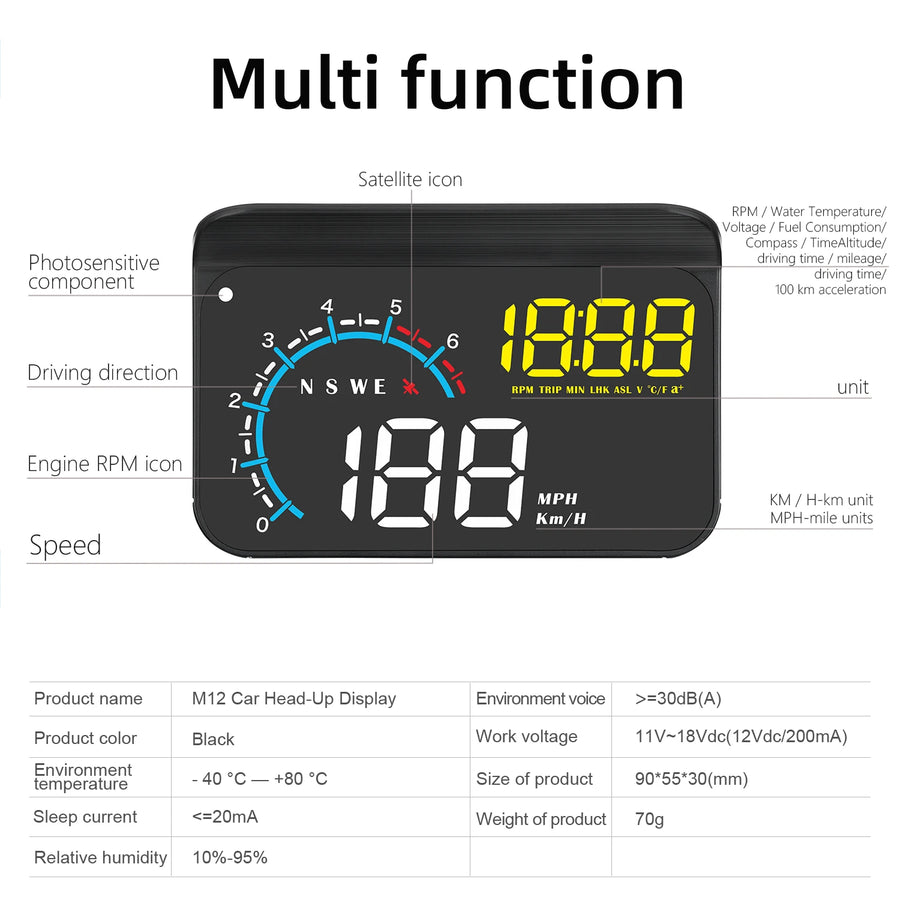 Car Head Up Display OBD + GPS HUD Display Digital GPS Speedometer Water Temp Voltage Fuel Tachometer Speed Alarm Electronic Part