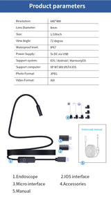 HD Endoscope Inspection Camera | IP67 Waterproof | 8 LED | Type-C & iOS | Car Sewer Pipeline Borescope