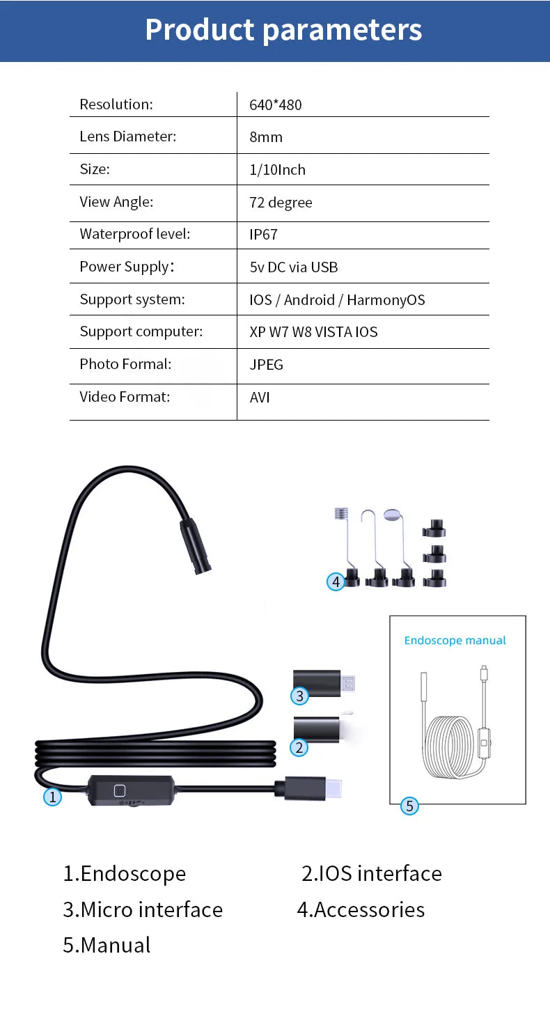 HD Endoscope Inspection Camera | IP67 Waterproof | 8 LED | Type-C & iOS | Car Sewer Pipeline Borescope