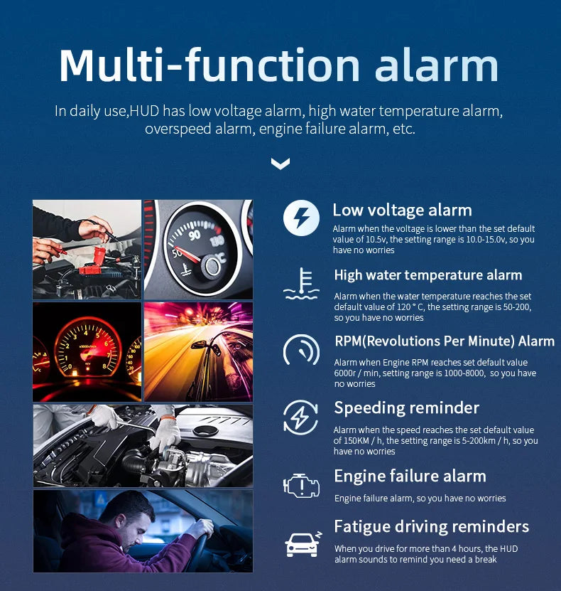 Car Head Up Display OBD + GPS HUD Display Digital GPS Speedometer Water Temp Voltage Fuel Tachometer Speed Alarm Electronic Part