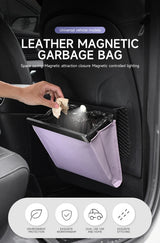 LED Hanging Magnetic Garbage Bag With Light, Waterproof PU Leather Storage Bag for Car Rear Seats, Leak-Proof Car Parts
