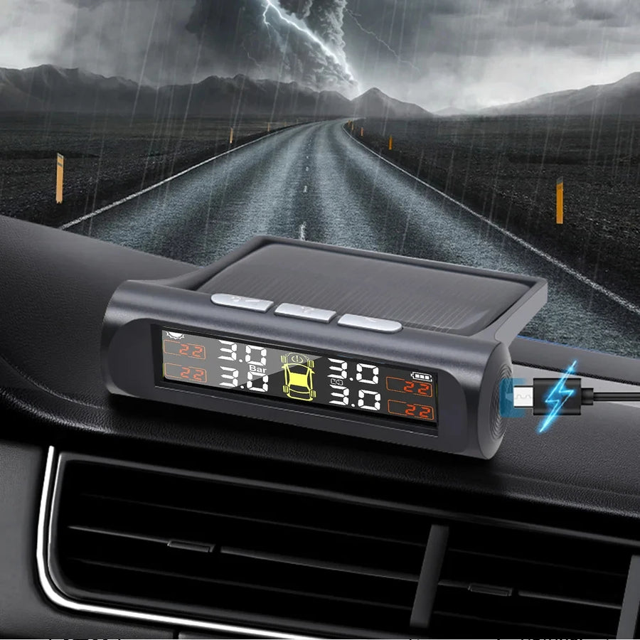 TPMS Solar Tire Pressure Sensor Car Tire Pressure Monitoring System with 4 Wheel Internal External Sensors TMPS