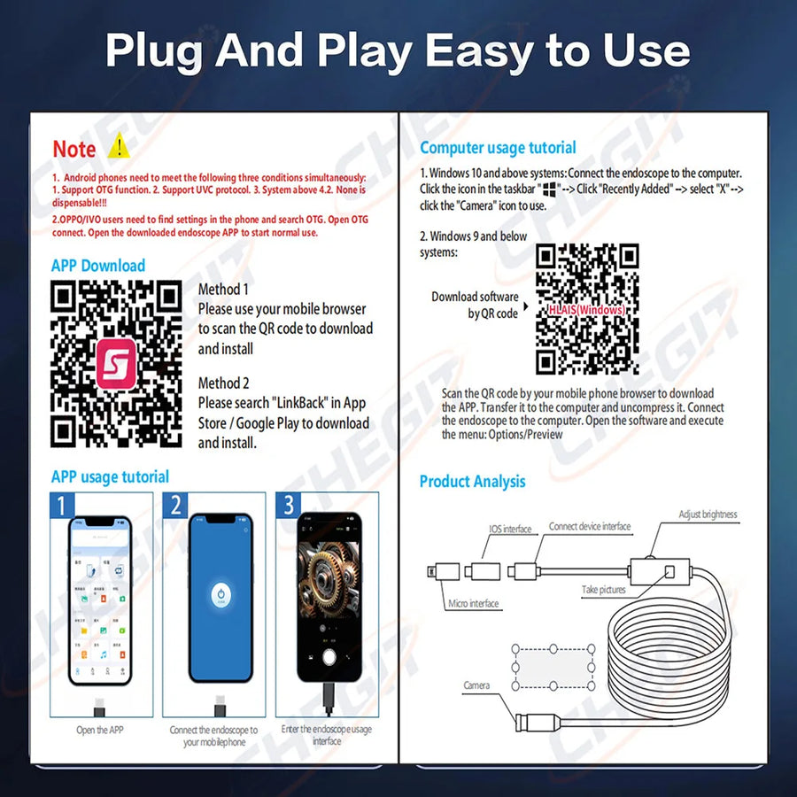 HD Endoscope Inspection Camera | IP67 Waterproof | 8 LED | Type-C & iOS | Car Sewer Pipeline Borescope