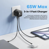 65W GaN Fast Charger | 3-Port USB-C | Retractable Cable | For MacBook, iPhone & Laptop