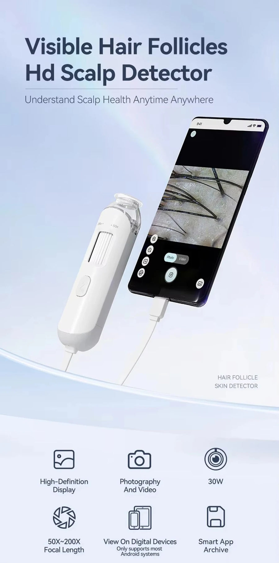 New 50X-200X Magnifying Hair Follicles Scalp Detector Skin Analyzer Microscope Tool High Definition Skin Tester Support APP
