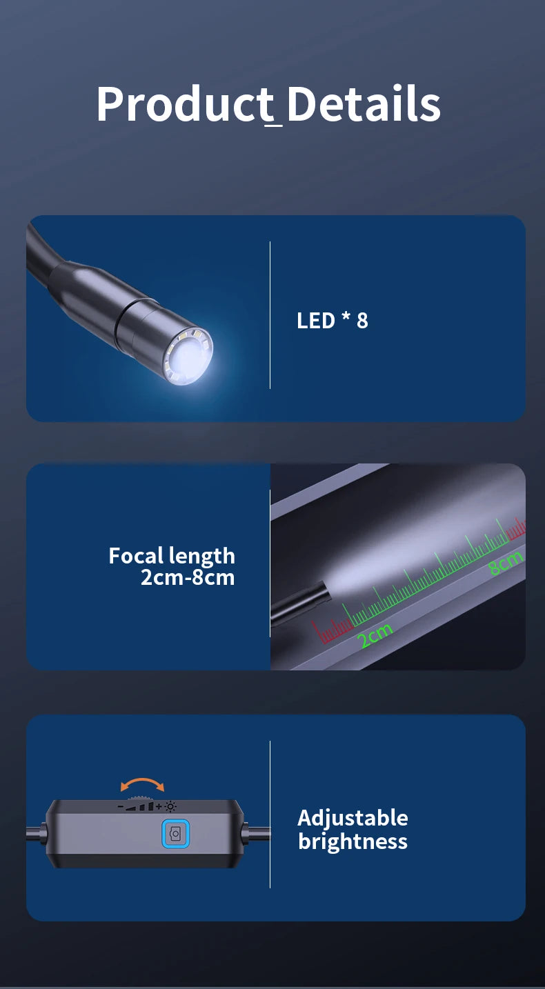 HD Endoscope Inspection Camera | IP67 Waterproof | 8 LED | Type-C & iOS | Car Sewer Pipeline Borescope