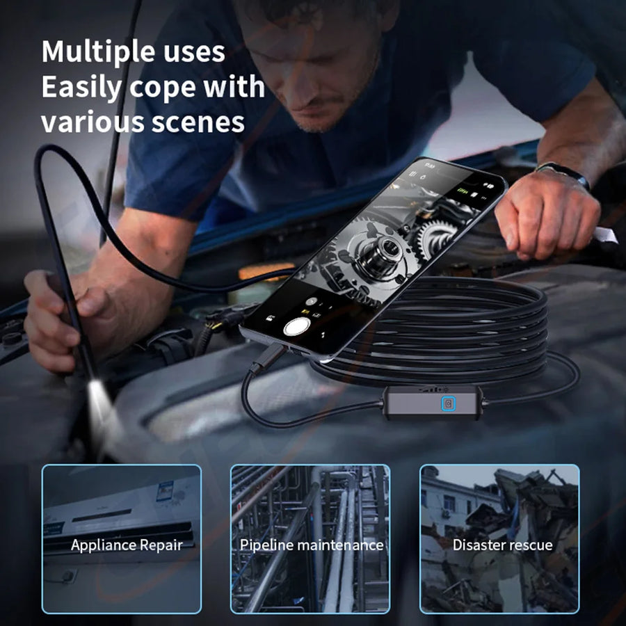 HD Endoscope Inspection Camera | IP67 Waterproof | 8 LED | Type-C & iOS | Car Sewer Pipeline Borescope