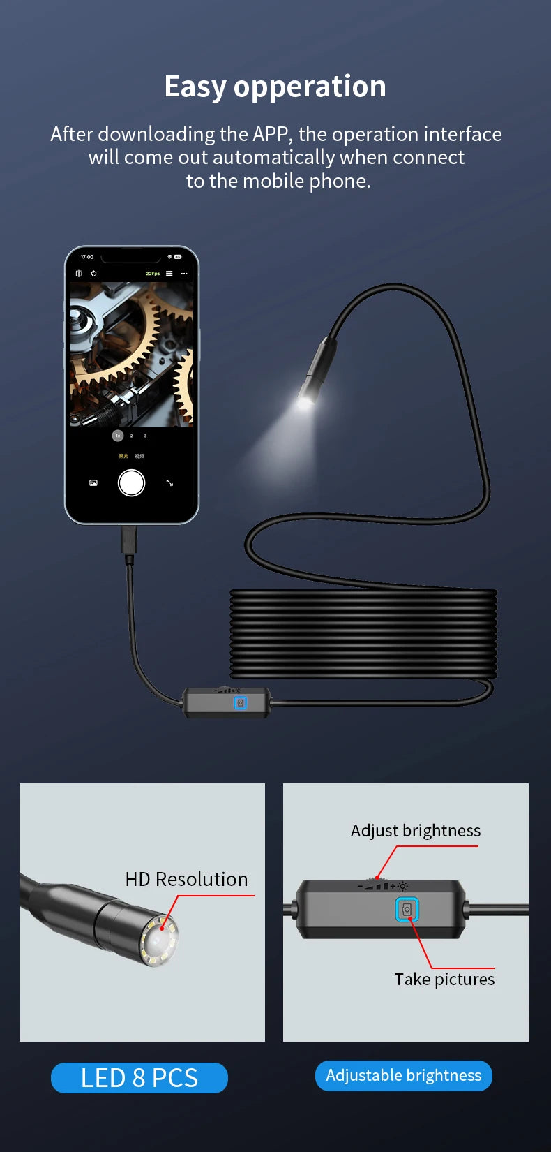 HD Endoscope Inspection Camera | IP67 Waterproof | 8 LED | Type-C & iOS | Car Sewer Pipeline Borescope