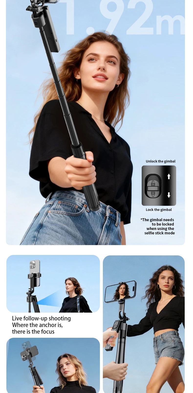 Foldable AI Tracking Gimbal | 360° Auto Rotation Selfie Stick Tripod | For Vlogging