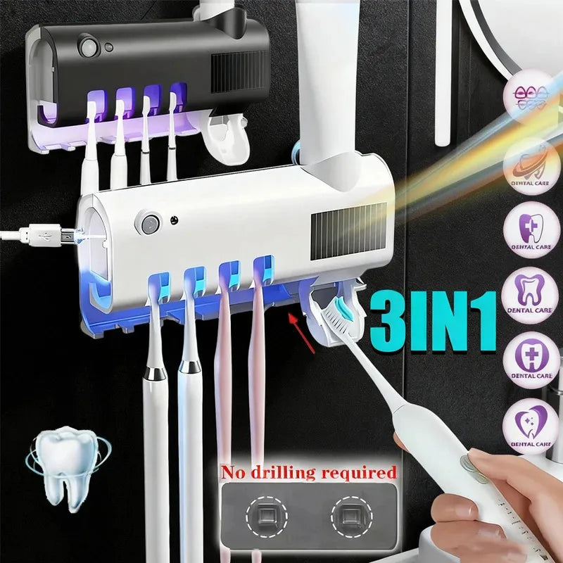 3-in-1 UV Toothbrush Sanitizer Holder with toothpaste dispenser