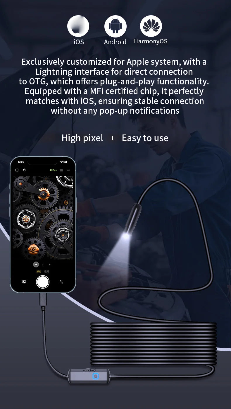 HD Endoscope Inspection Camera | IP67 Waterproof | 8 LED | Type-C & iOS | Car Sewer Pipeline Borescope
