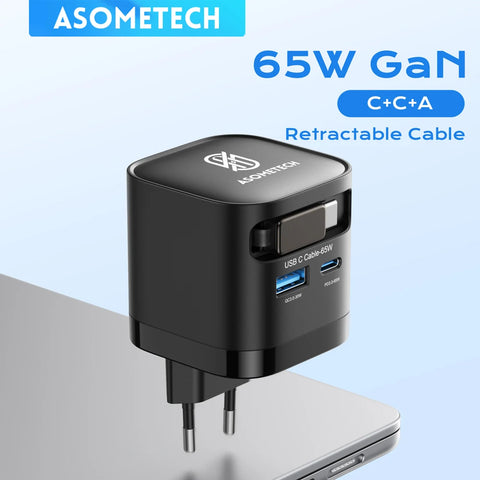 65W GaN Fast Charger 3-port USB-C retractable cable