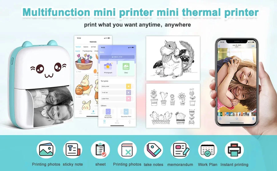 58mm Mini Portable Thermal Printer | Wireless Bluetooth | Photos, Labels & QR Codes | 200DPI | Pink & Blue