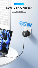 65W GaN Fast Charger | 3-Port USB-C | Retractable Cable | For MacBook, iPhone & Laptop
