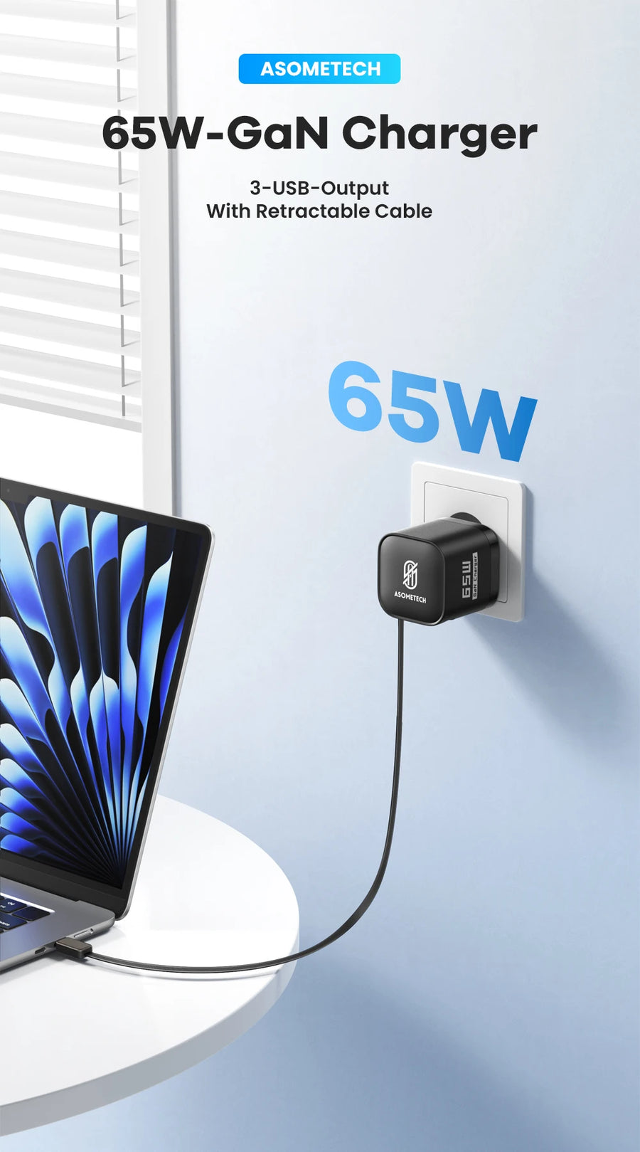 65W GaN Fast Charger | 3-Port USB-C | Retractable Cable | For MacBook, iPhone & Laptop