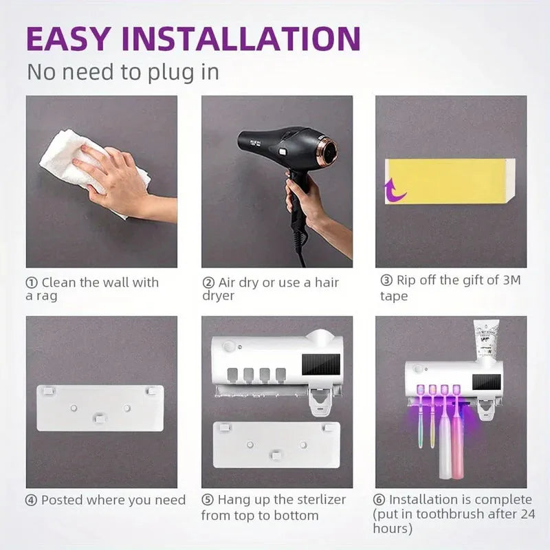 3-in-1 UV Toothbrush Sanitizer Holder | Toothpaste Dispenser | Wall-Mounted No-Drill