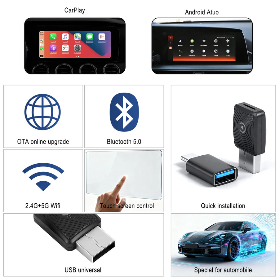 Wireless CarPlay & Android Auto Adapter | 2-in-1 Plug & Play | No App Required