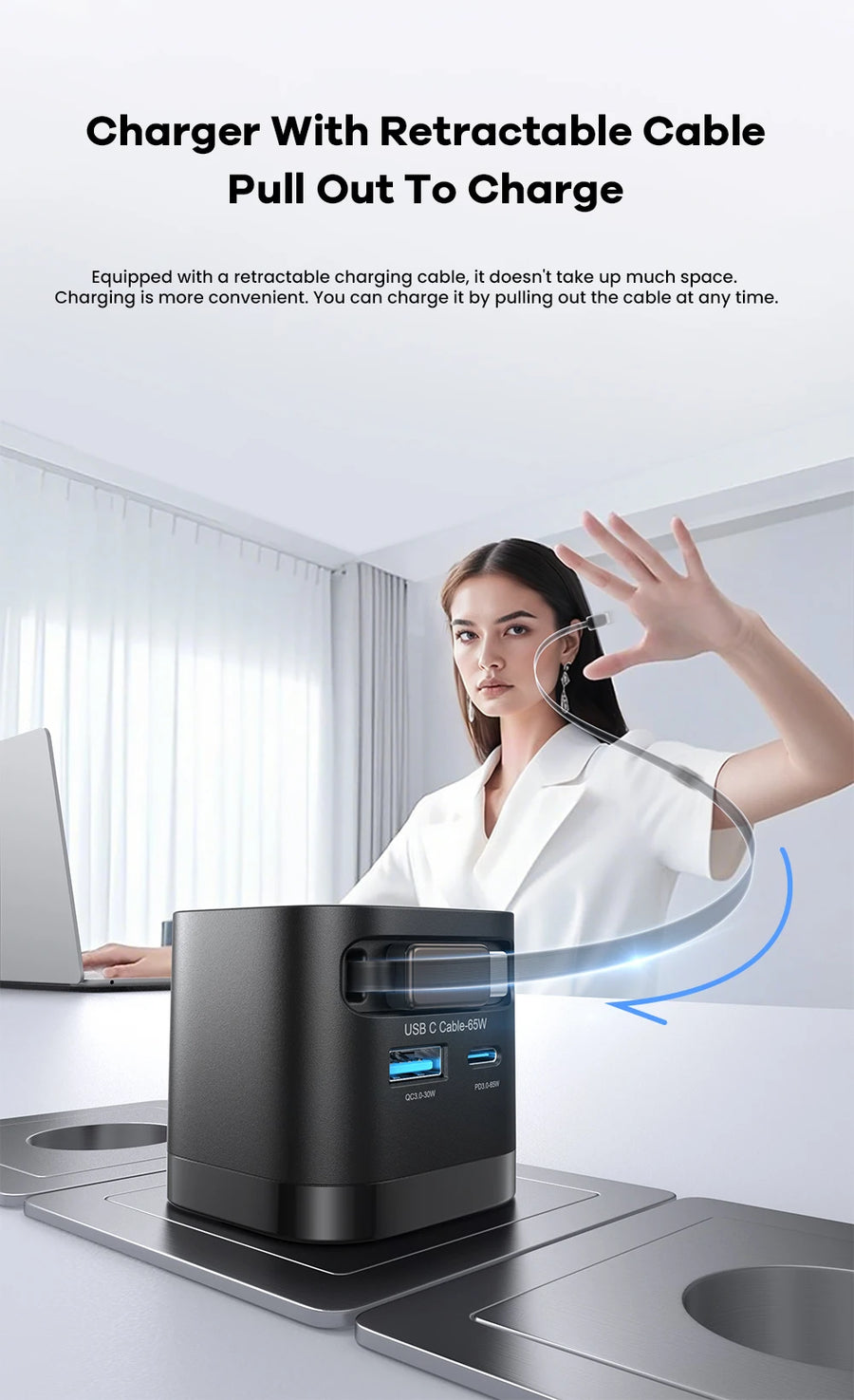65W GaN Fast Charger | 3-Port USB-C | Retractable Cable | For MacBook, iPhone & Laptop