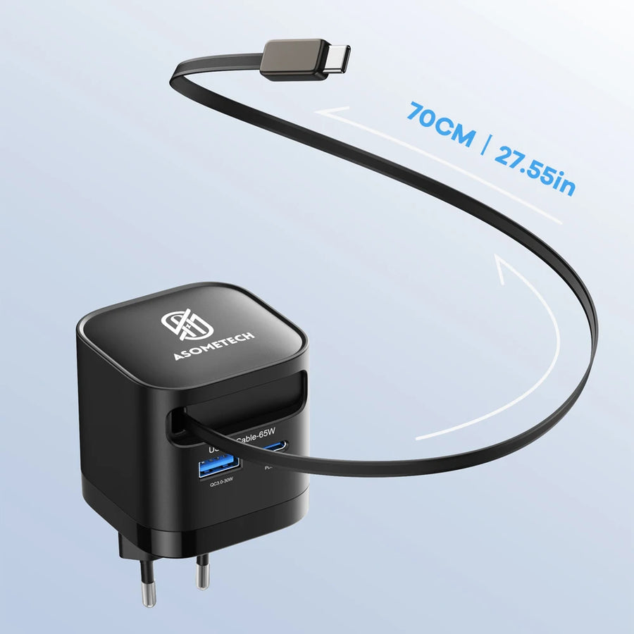 65W GaN Fast Charger | 3-Port USB-C | Retractable Cable | For MacBook, iPhone & Laptop