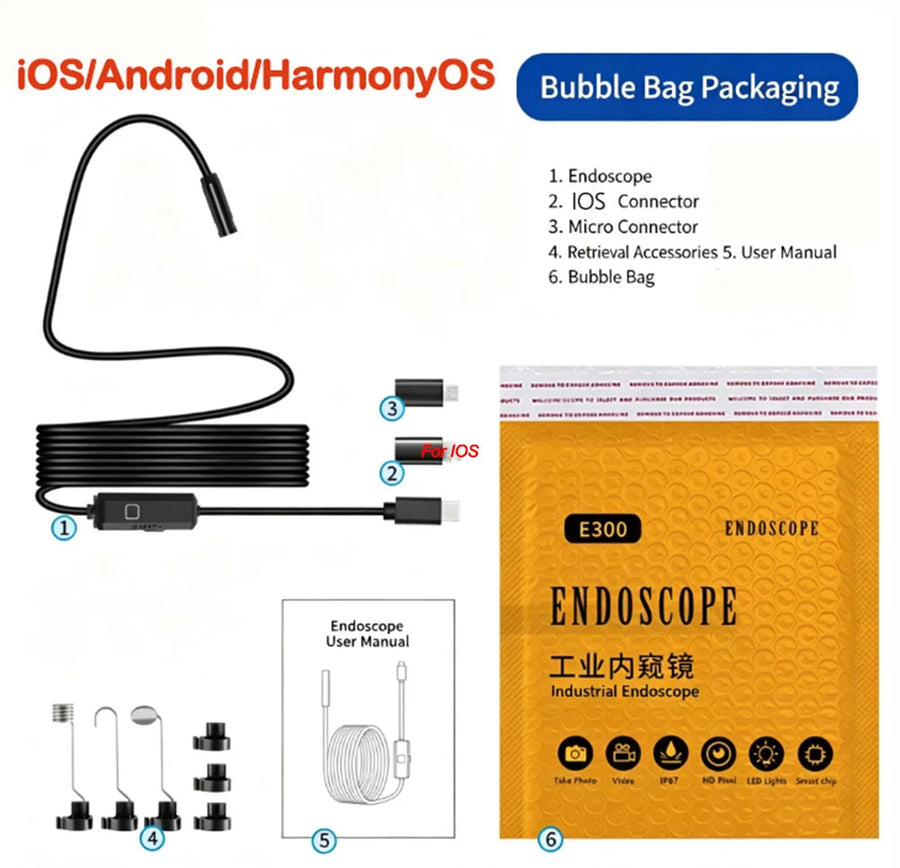 HD Endoscope Inspection Camera | IP67 Waterproof | 8 LED | Type-C & iOS | Car Sewer Pipeline Borescope