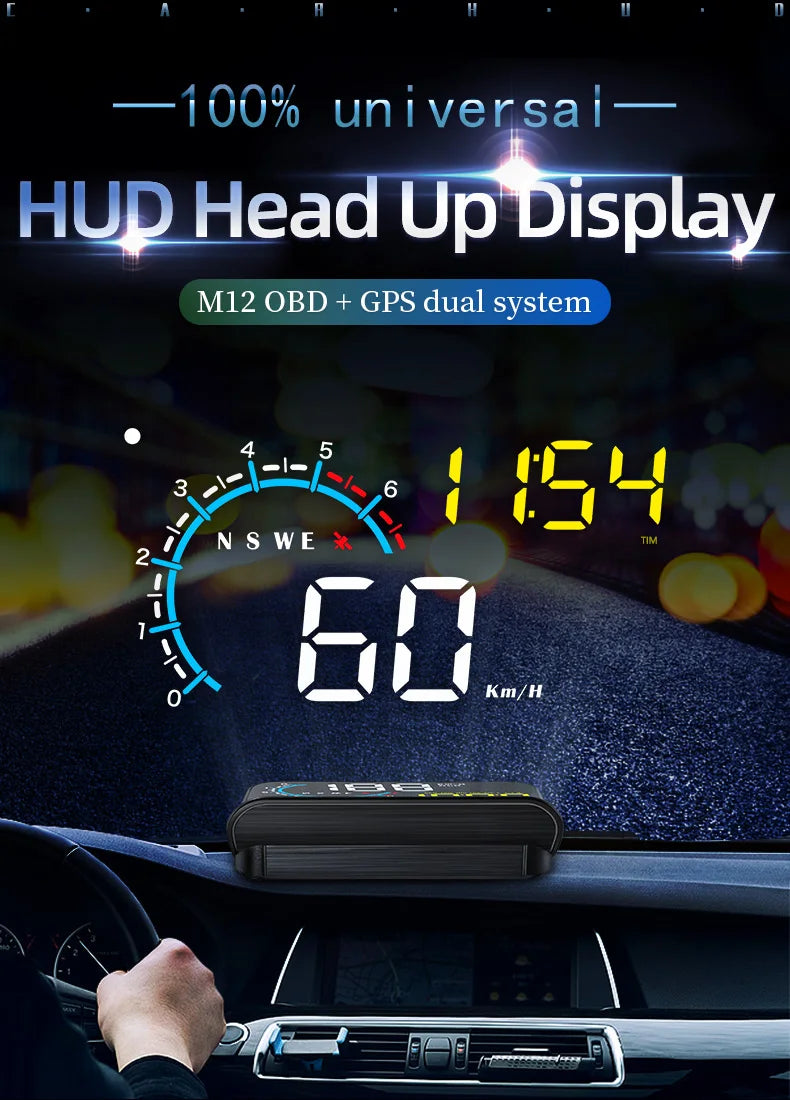 Car Head Up Display OBD + GPS HUD Display Digital GPS Speedometer Water Temp Voltage Fuel Tachometer Speed Alarm Electronic Part