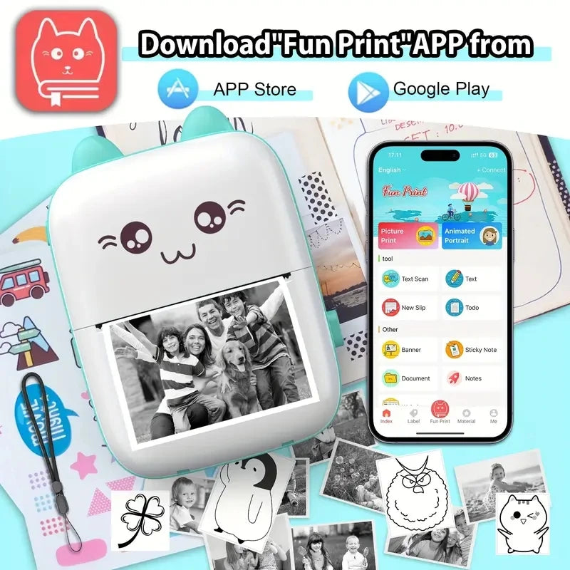 58mm Mini Portable Thermal Printer | Wireless Bluetooth | Photos, Labels & QR Codes | 200DPI | Pink & Blue