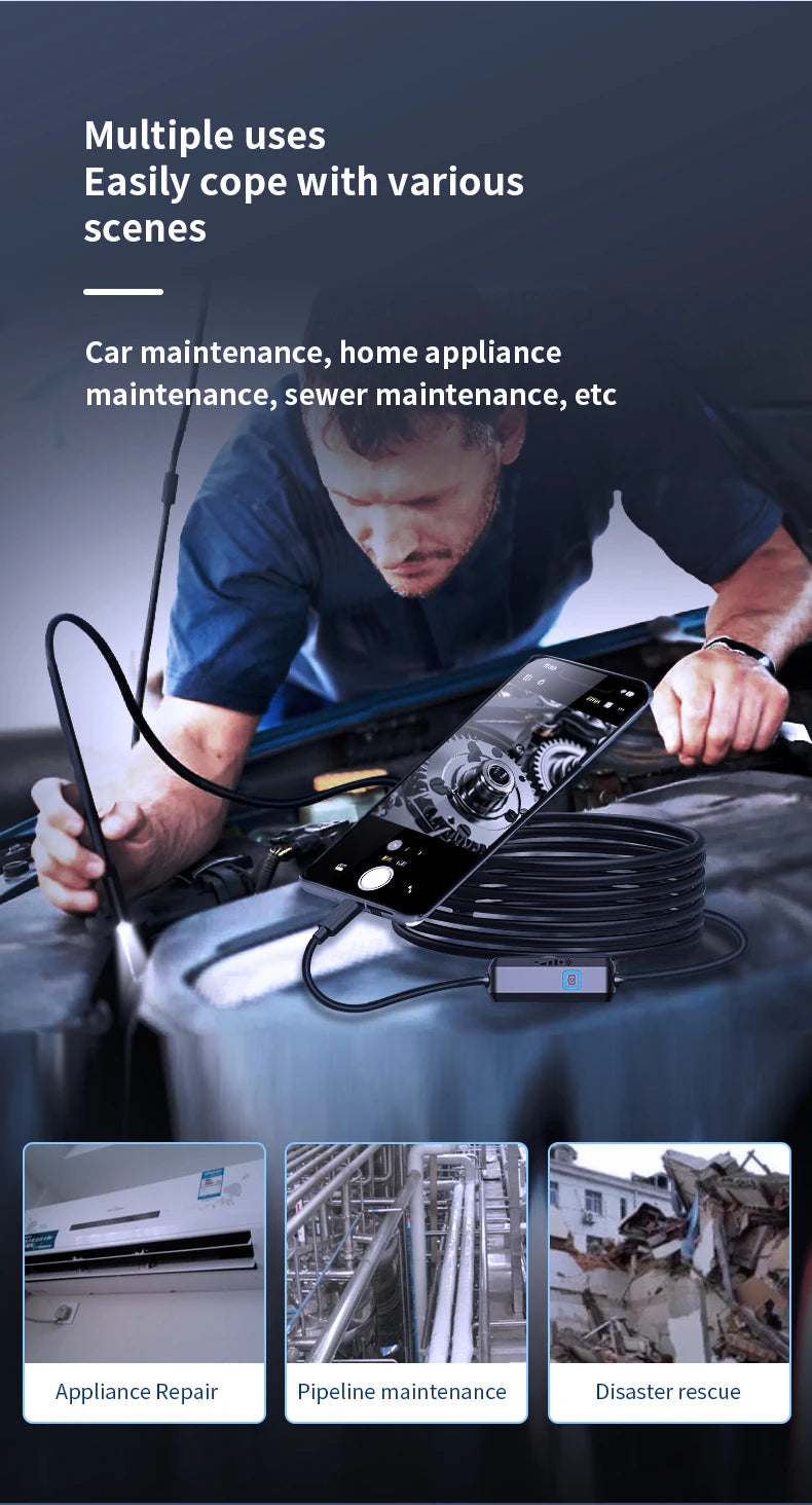 HD Endoscope Inspection Camera | IP67 Waterproof | 8 LED | Type-C & iOS | Car Sewer Pipeline Borescope